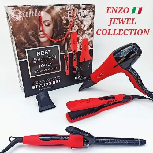 Enzo Set Hair Dryer & Straightener, Curler, Red