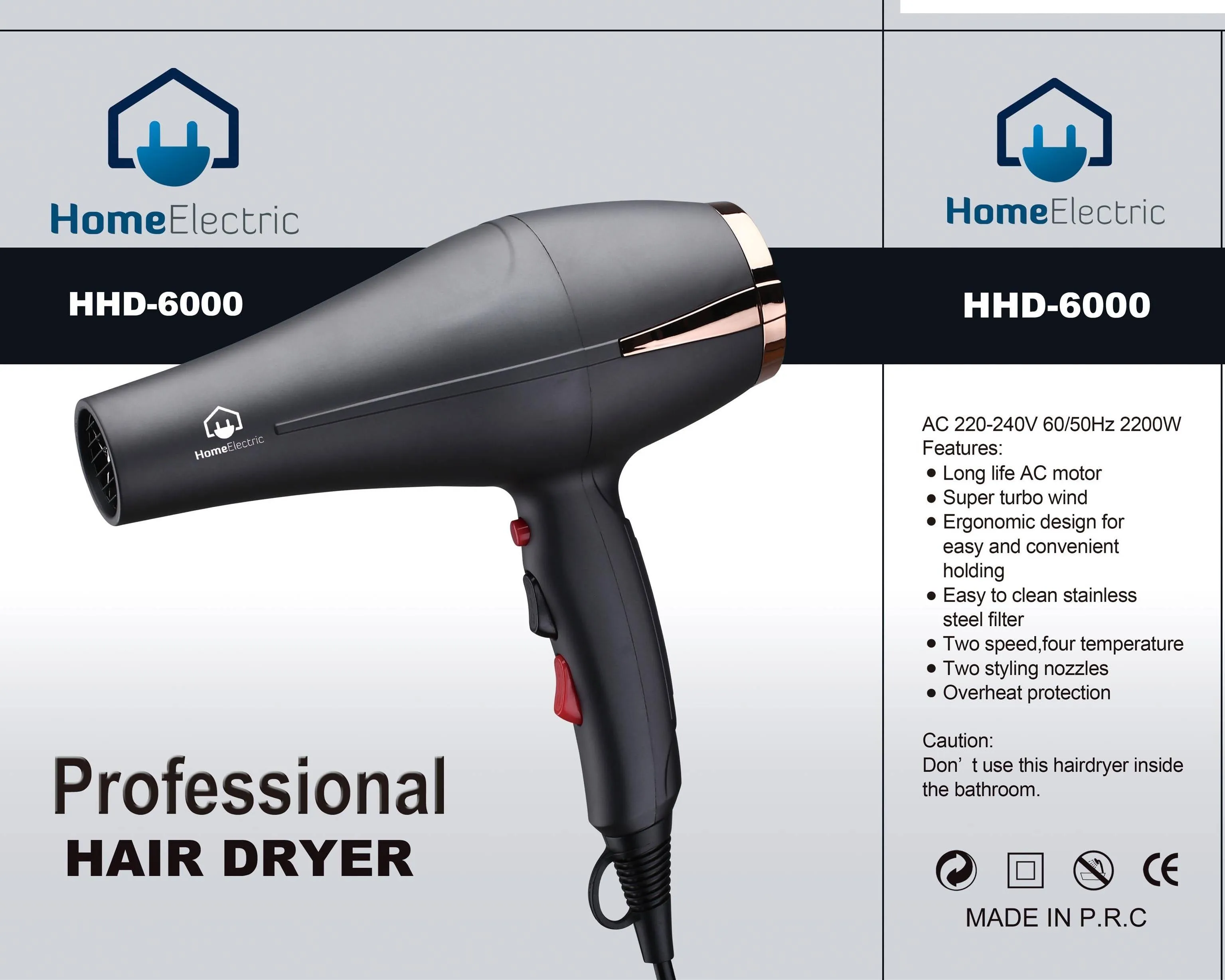 Home Electric Hair Dryer 2200 W Black Ac Motor Two Speed Four Temperature Collin