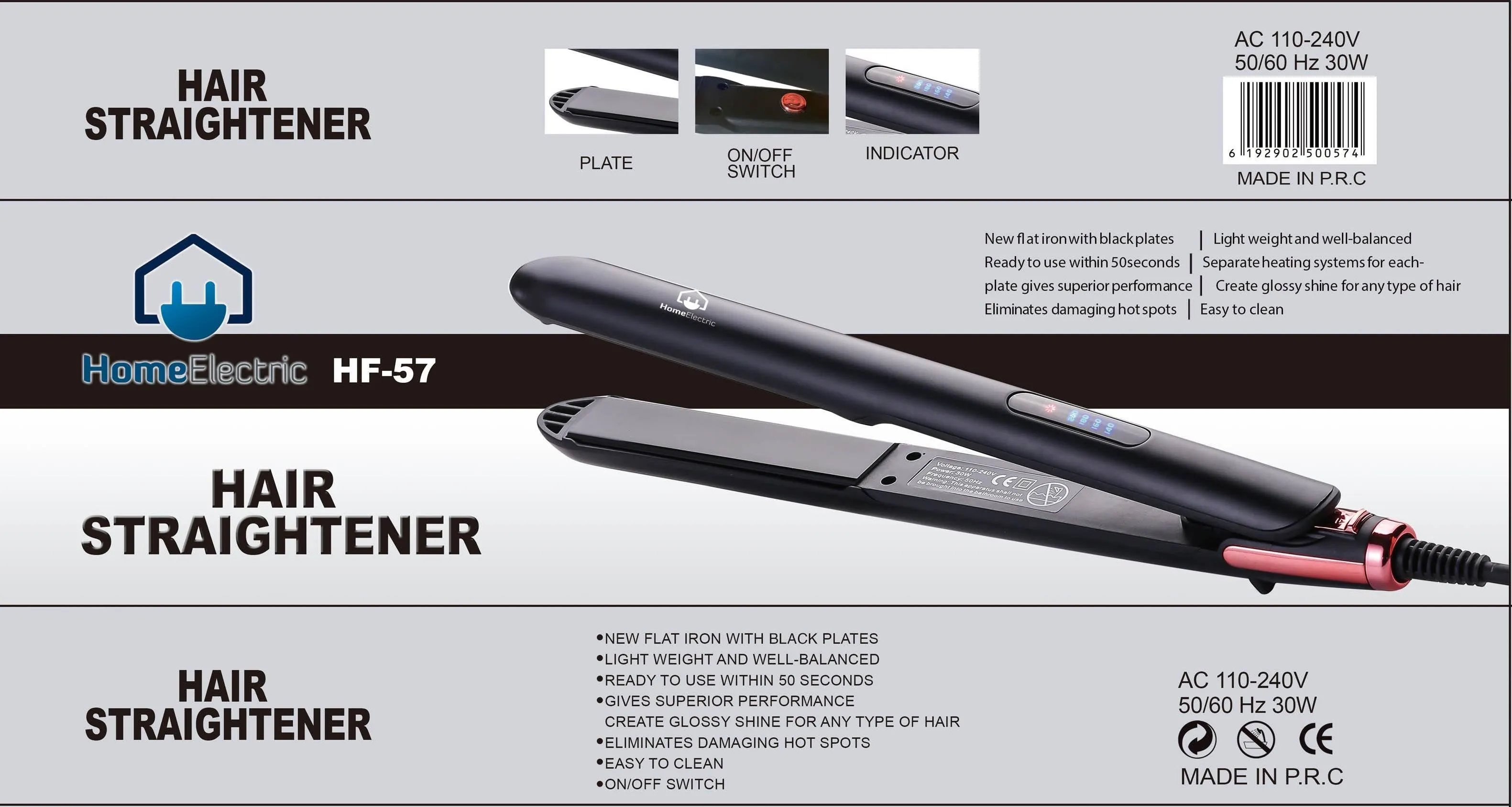 Home Electric Hair Straightener Ceramic 30W Black 20 Mm Plates Heat 220 C Flar Iron With