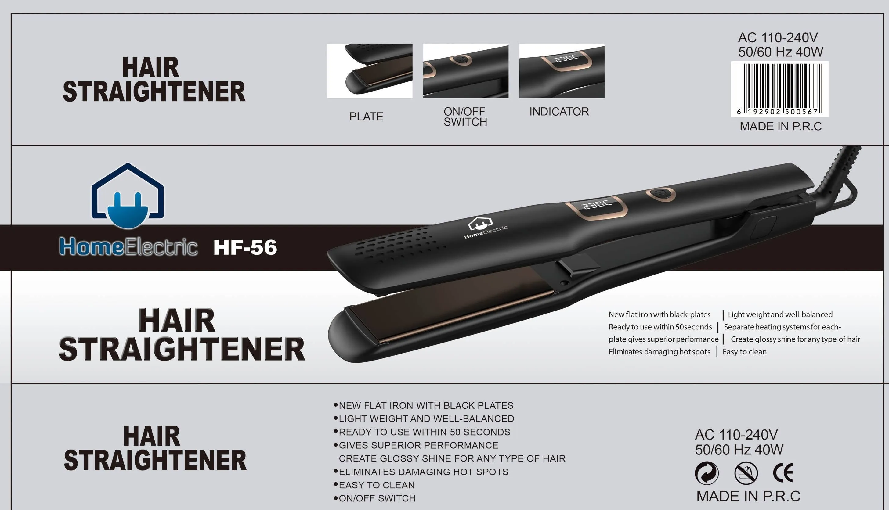 Home Electric Hair Straightener Ceramic, 40Watts, Black